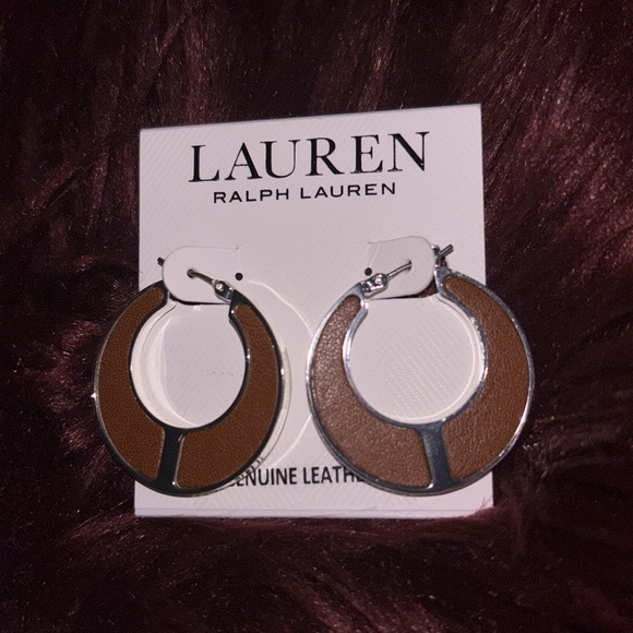 Ralph Lauren Silver and Brown Leather Hoop Earrings - Picture 7 of 10